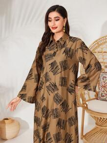 Al Najma 女款長袖印花翻領全長阿拉伯風格連衣裙 - 駝色 - 查看 1