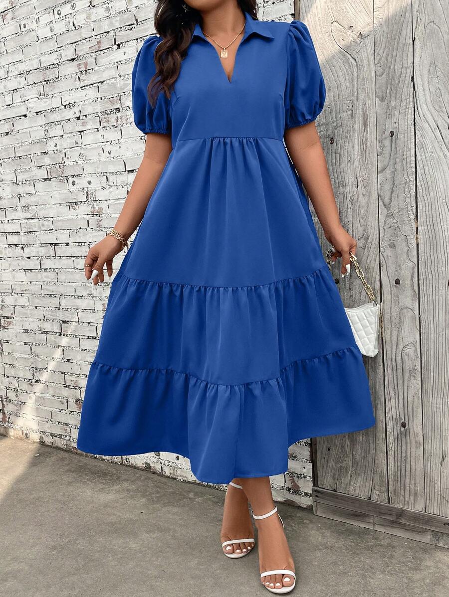 SHEIN Holidaya Plus Size V-Neck Puff Sleeve Hem Dress - Blue - View 1