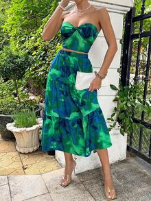 SHEIN Essnce Bộ đồ hai mảnh in họa tiết không dây dành cho nữ - màu xanh lá - Xem 7