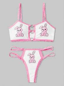 ROMWE Kawaii Women's Cute Rabbit & Heart Shaped Embellishment Colorblock Edge Underwear Set, Kawaii