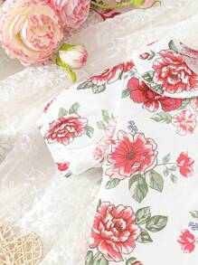 1pc Baby Girl's Allover Printed Floral Elegant Lace Romper For Summer - White - View 5