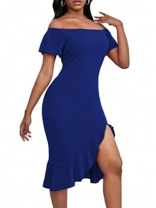 Women's Asymmetrical Hem Off Shoulder Dress - Blue - View 4