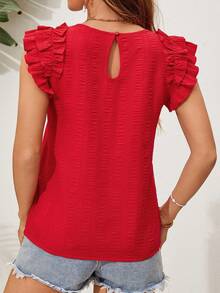 SHEIN VCAY Vòng cổ Ruffle Cắt tỉa Áo sơ mi - Đỏ - Xem 2