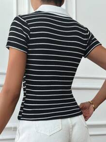 Cottnline Camiseta De Manga Corta A Rayas Con Cuello Tipo Polo Para Mujer, Estilo Universitario Informal, Material Elástico, A Granel - Blanco y Negro - Ver 2