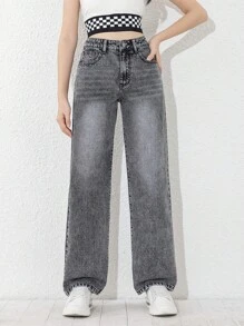 SHEIN Explorewe 青少年女孩百搭黑灰色直筒牛仔裤，水洗牛仔布 - 深灰色 - 查看 3