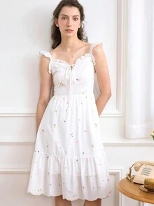 Simple Retro Women Ruffle Floral Embroidery Slip Midi Dress - White - View 3