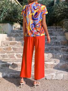 Breezaya Women's Batwing Sleeve Printed Top Two-Piece Set - Orange - View 2