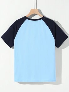 SHEIN Cậu bé Tween Lỏng lẻo Thể thao Khối màu Mẫu Raglan Ngắn Áo thun - Màu xanh lam - Xem 3