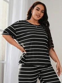 Plus Size Black & White Striped Short Sleeve Pajama Top