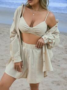 Zolique Women's Casual Shirt And Shorts Set - Apricot - View 3