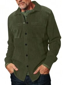 Men's Corduroy Shirt, Green - Army Green - View 3