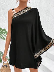 Breezaya 不对称领女式几何印花直筒连衣裙，带拼布设计度假海滩装 - 黑色 - 查看 4