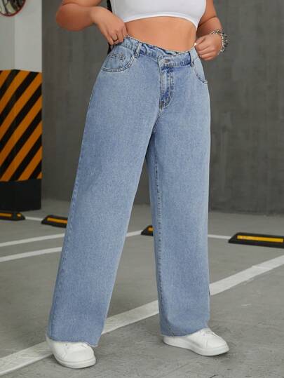 SHEIN ICON Plus Size Women's Asymmetrical Waist Denim Jeans