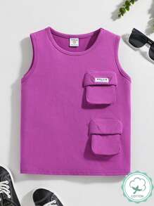 Young Boy Casual & Comfortable Letter Patched Multi-Pocket Tank Top, Summer - Purple - View 1