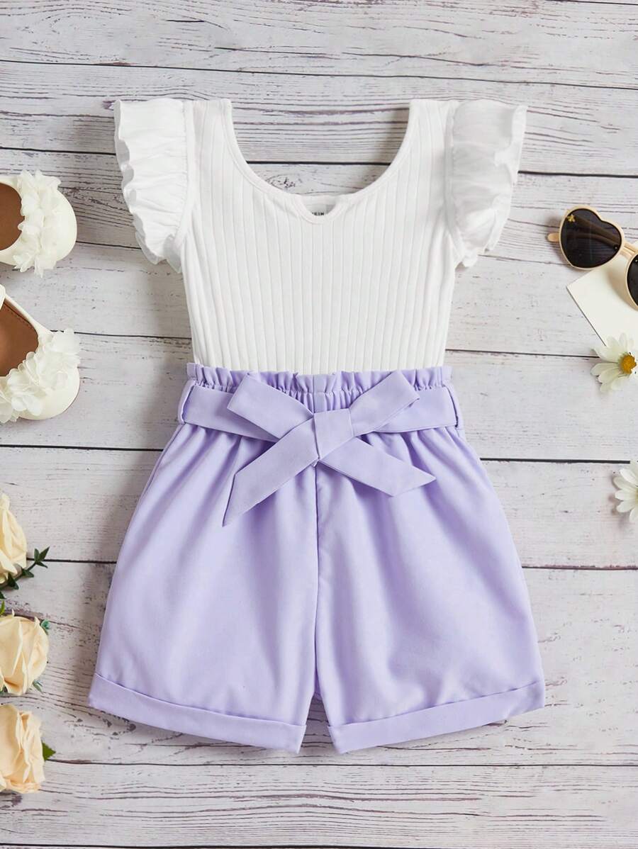 SHEIN Young Girls' Casual Colorblock Ruffle Trim Romper - Purple - View 1