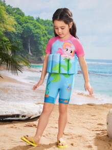Young Girls' Cartoon Mermaid Printed Raglan Short Sleeve One-Piece Swimsuit - Pink - View 4