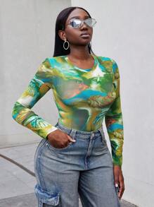 VaVaBold Vòng cổ Đầy màu sắc In Tay áo dài Áo thun - màu xanh lá - Xem 6