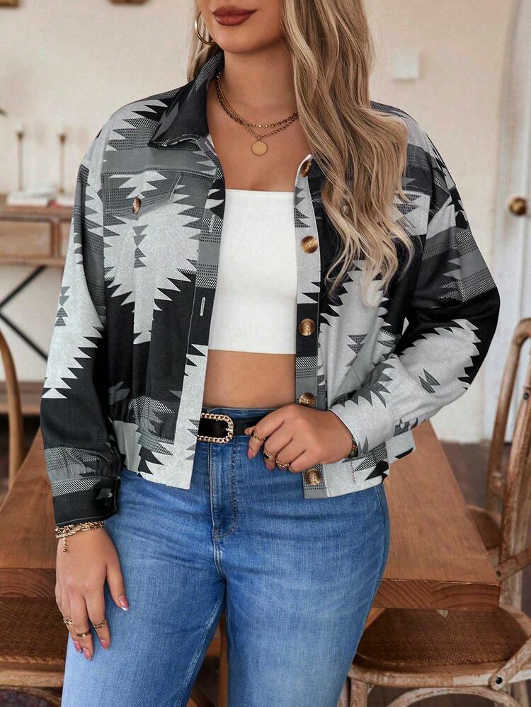 Plus Size Geometric Pattern Button Up Jacket Fall Cloth For Women