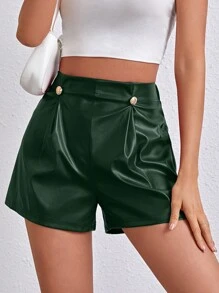 SHEIN Essnce Của phụ nữ Da giả Eo đàn hồi Quần short - Màu xanh lá cây đậm - Xem 4