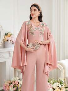 Al Najma Women's Jumpsuit With Cape Sleeve And Embroidery Decor