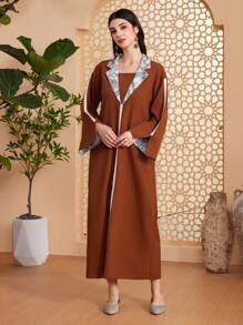 Al Najma Hình học In Tay áo dài Đầm Với Bộ đồ Vòng cổ - Cà phê nâu - Xem 1