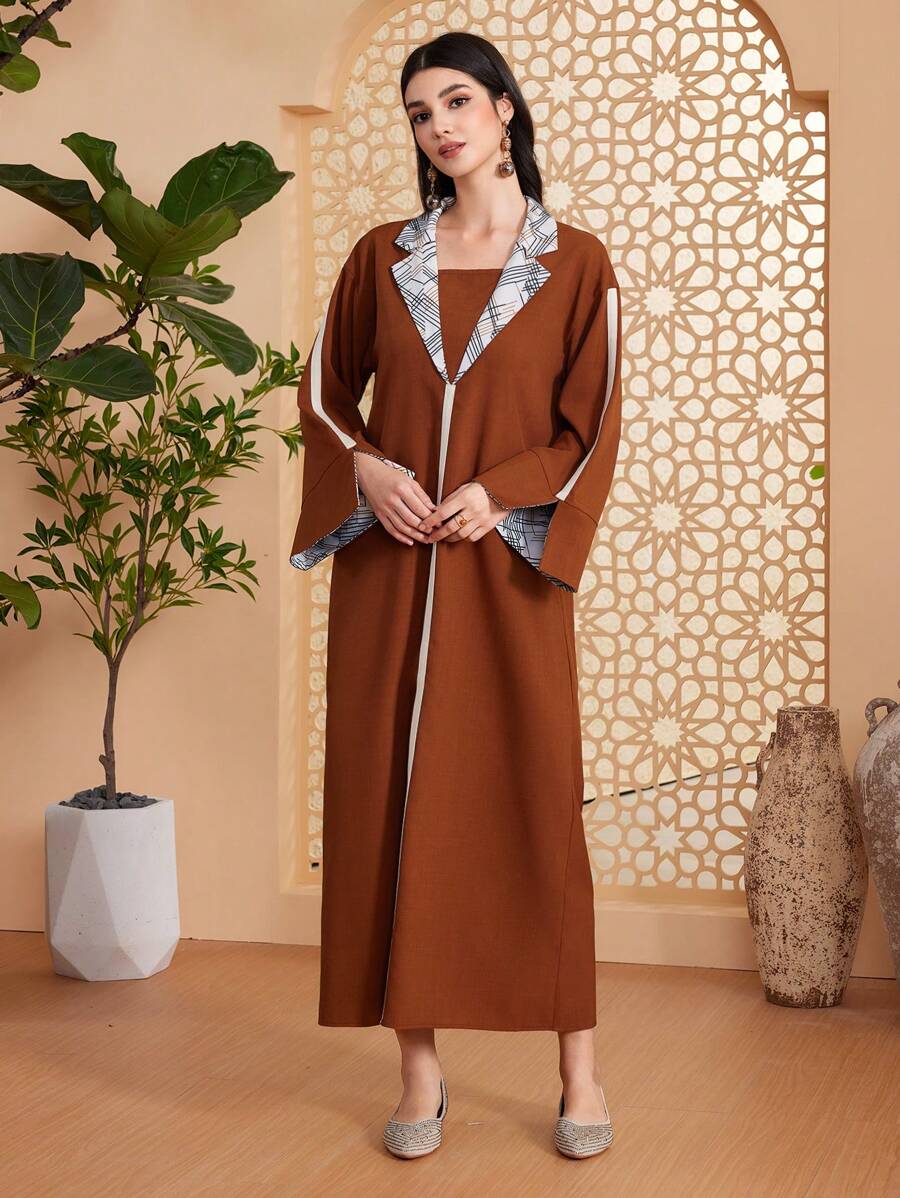 Al Najma Hình học In Tay áo dài Đầm Với Bộ đồ Vòng cổ - Cà phê nâu - Xem 1