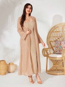 Modelyn Women's Solid Color Halter Neck Dress And Cardigan Two Pieces Set 2 Pieces Set - Khaki - View 9