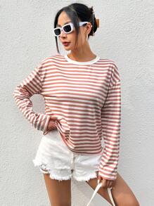 SHEIN EZwear Sọc Thả vai Đan Áo thun - Hồng - Xem 5