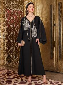 Layrah 女士 3d 花卉装饰长袖 Jalabiya 连衣裙，优雅奢华晚会风格 - 黑色 - 查看 3