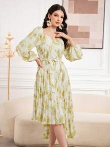 Modelyn Vestido largo de noche con estampado floral, cuello corazón, mangas farol y bajo asimétrico