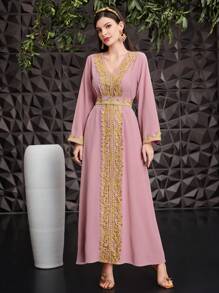 Al Najma V-Neck Belted Dress - Pink - View 3