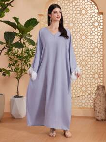 Al Najma Patchwork V-Neck Kaftan Dress - Grey - View 6