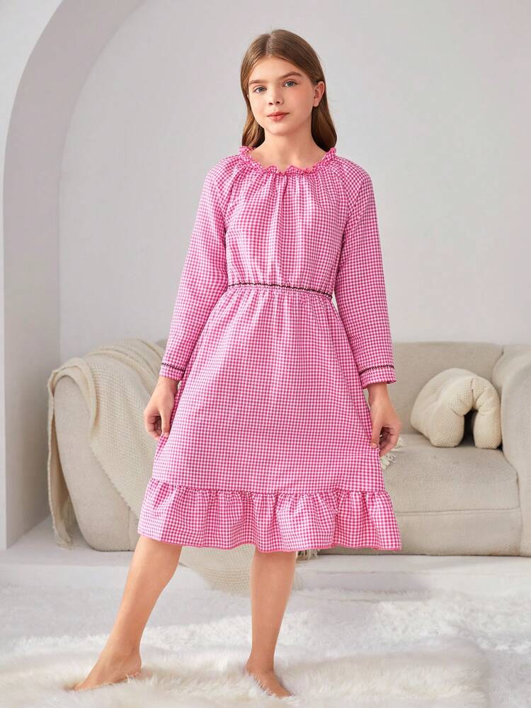 Tween Girl Plaid Print Long Sleeve Ruffle Hem Sleep Dress