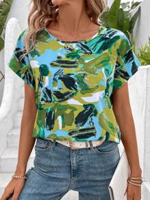 SHEIN LUNE Women's Random Printed Batwing Sleeve Blouse,Short Sleeve Tops