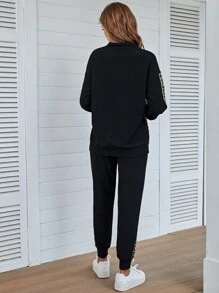 SHEIN LUNE Women's Geometric Print Half Zipper Sweatshirt And Shorts Set