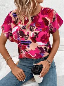SHEIN LUNE Women's Random Printed Batwing Sleeve Blouse,Short Sleeve Tops