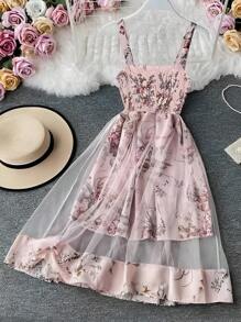 Breezaya 大碼隨機印花網紗覆蓋式鈎花連衣裙 - 彩色 - 查看 3