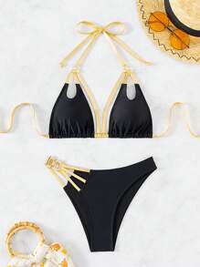SHEIN Swim Ladies' Contrast Trim Halter Neck Bikini Set - Black - View 2