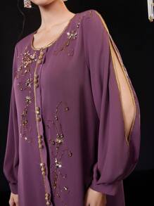 Al Najma Colorblock Border Cutout Lantern Sleeve Dress - Maroon - View 6