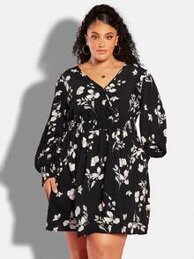 SHEIN CURVE+ Plus Size Women's Floral Printed Lantern Sleeve Dress - Multicolor - View 7