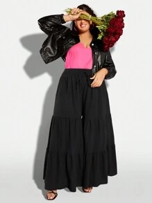 SHEIN CURVE+ 大尺碼女闊腿褲,腰部繫帶,荷葉邊下擺 - 黑色 - 查看 7