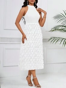 SHEIN Lady 女式無袖露背a字裙,3d裝飾 - 白色 - 查看 5