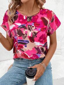 SHEIN LUNE Women's Random Printed Batwing Sleeve Blouse,Short Sleeve Tops