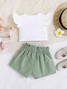 Babymeisje Casual Effen kleur Gedraaide voorkant Fladdermouwen Tops En Short set