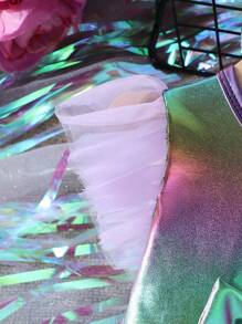 寶寶女孩夏季新款網眼波浪袖彩虹面料時尚連身褲 - 彩色 - 查看 3