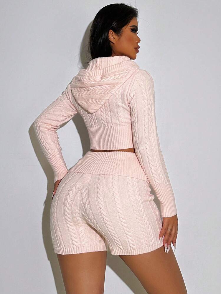 2pcs Women's Cable Knitted Zipper Hoodie And Fold Over Waist Knitted Shorts Set