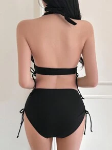 DAZY Ladies' Solid Color Halter Neck Bikini Set Summer Beach,Tankini Bathing Suit Vacation - Black - View 2
