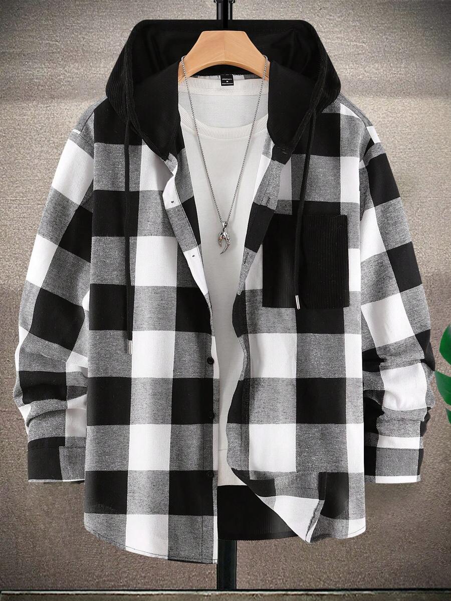 Manfinity Homme Men's Checked Long Sleeve Hooded Overcoat, Fall, Winter - Multicolor - View 1