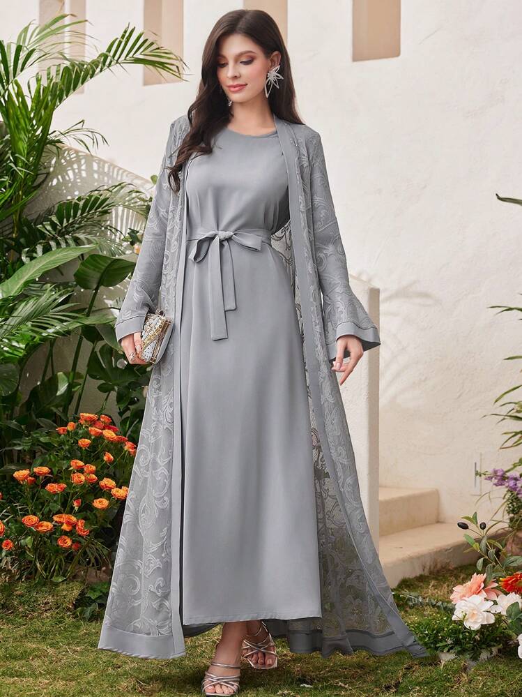 Al Najma 女士喇叭袖长袍、阿巴雅长袍和长袖端庄阿拉伯连衣裙套装 - 灰色 - 查看 8