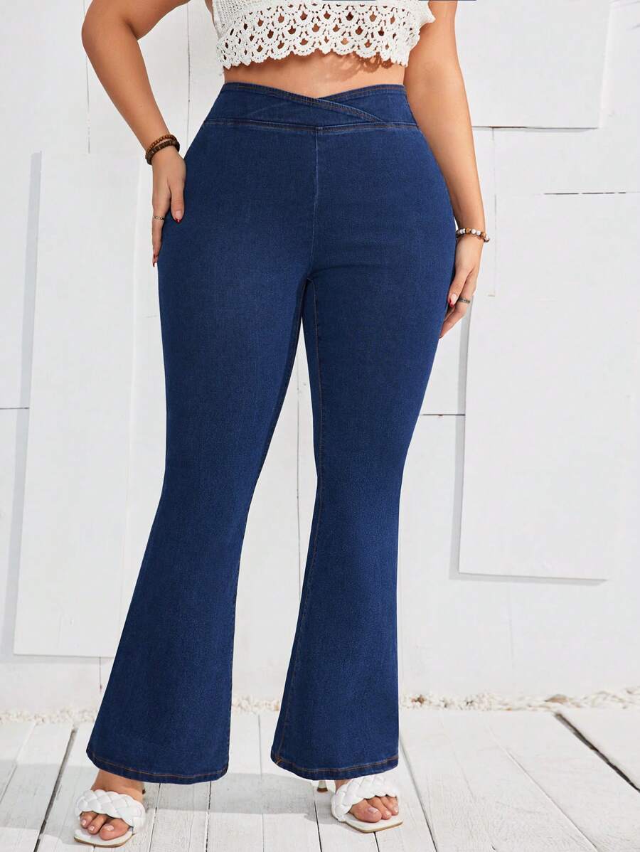 SHEIN LUNE Kích thước lớn Của phụ nữ Chân loe Quần jean Với Cao eo - Màu xanh lam - Xem 1